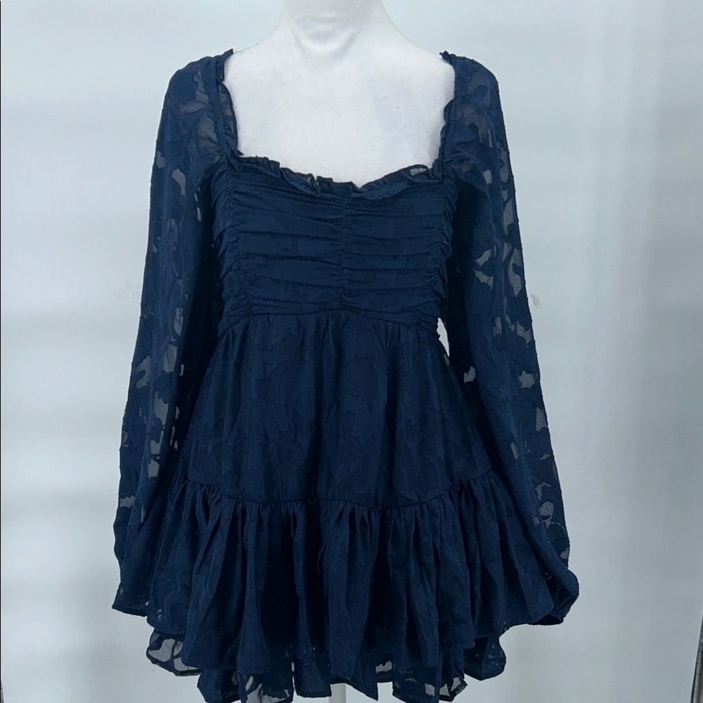 Altar'd State Clairyn Tiered Square Neck Ruffle Long-Sleeve Mini Dress Navy XS - Picture 4 of 13